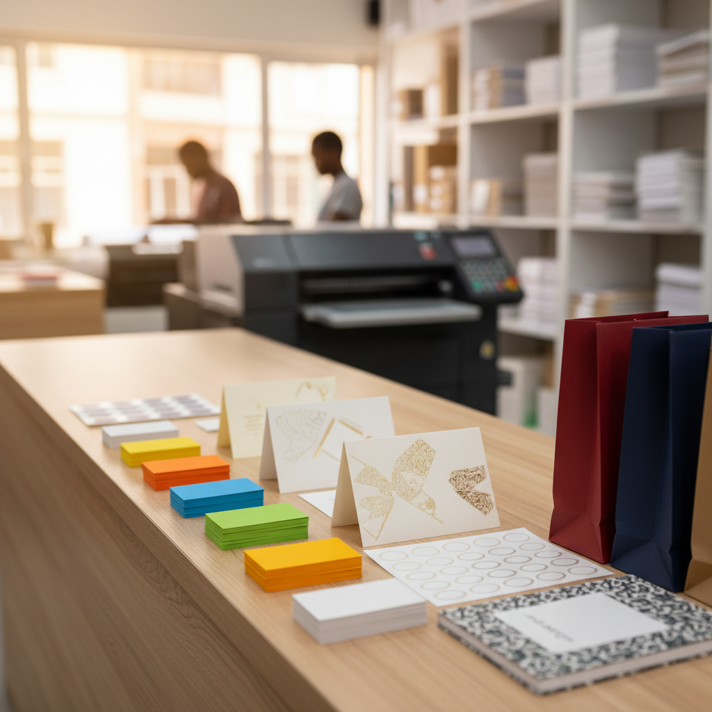 Print Lion print shop counter with printed cards, stickers and gift bags